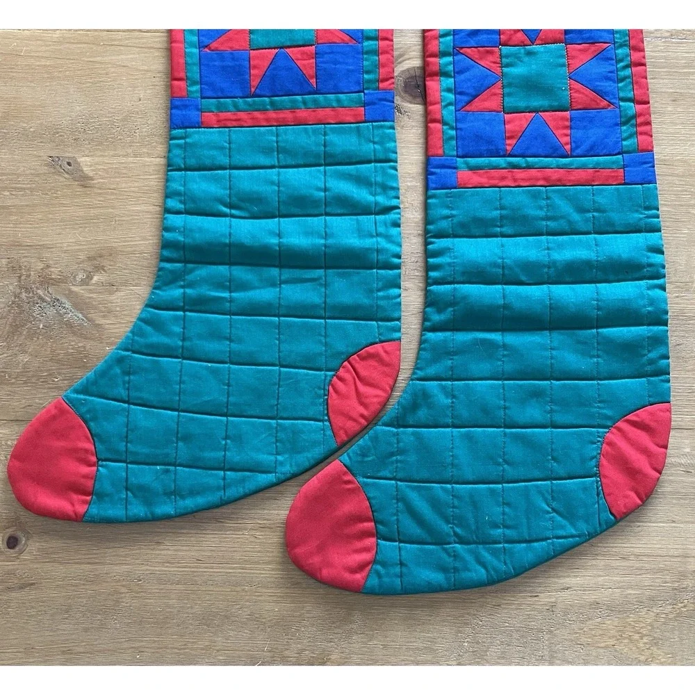Set of 2 Quilted Christmas Stockings Patchwork Star Farmhouse Barn Quilt Rustic